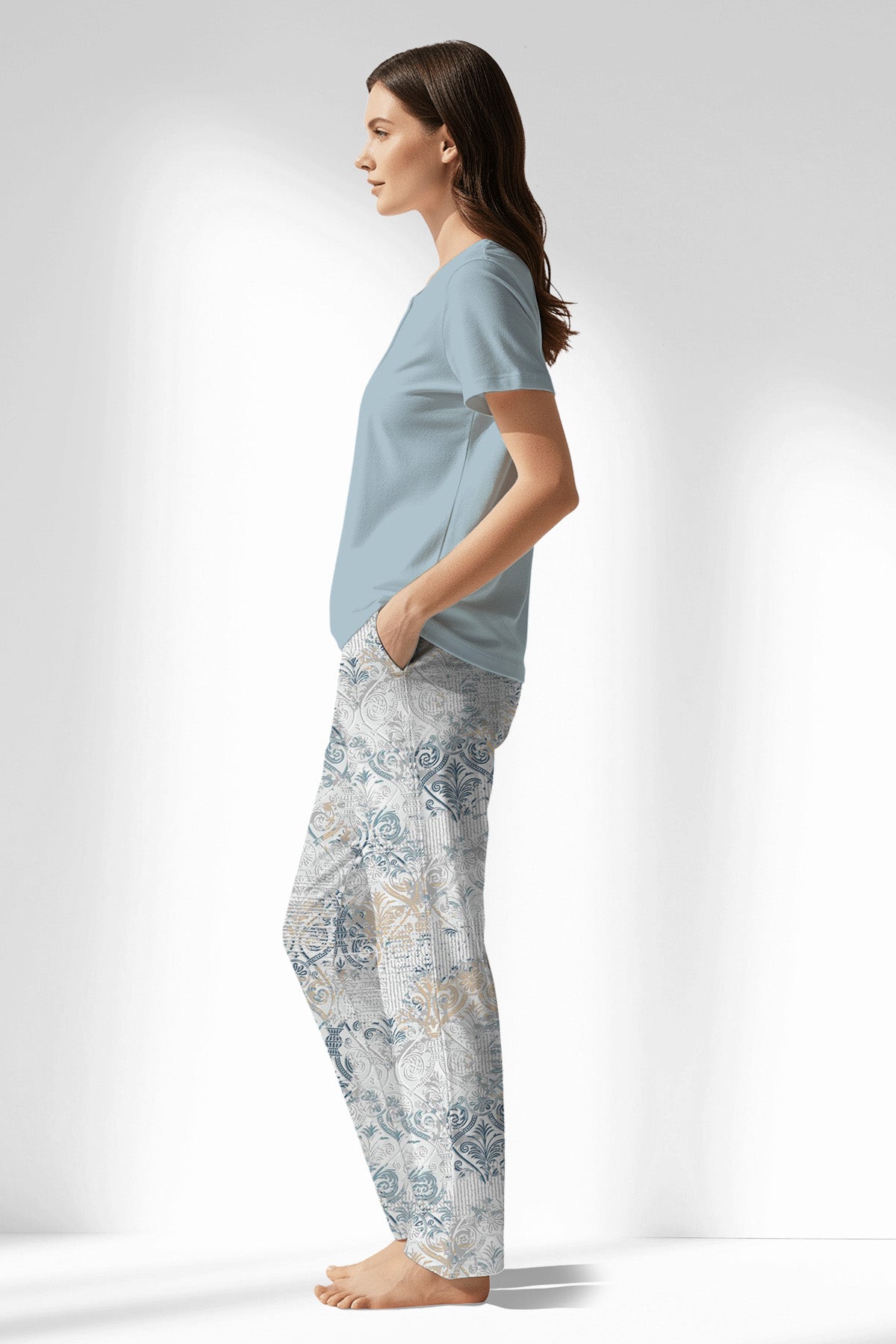 Woman Polyviscon Livora Drop Collar Pyjama Set - METRAJ MAVİ - Image 2