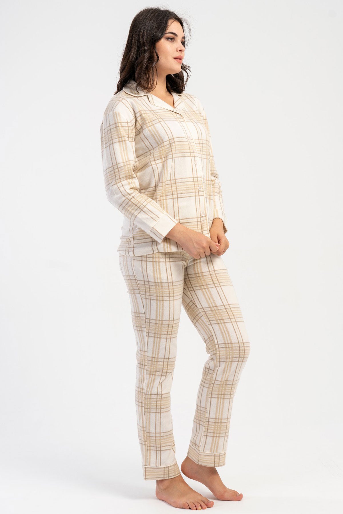 KADIN POLAR TAMAMI DUGMELI UZUN KOL PIJAMA TAKIM