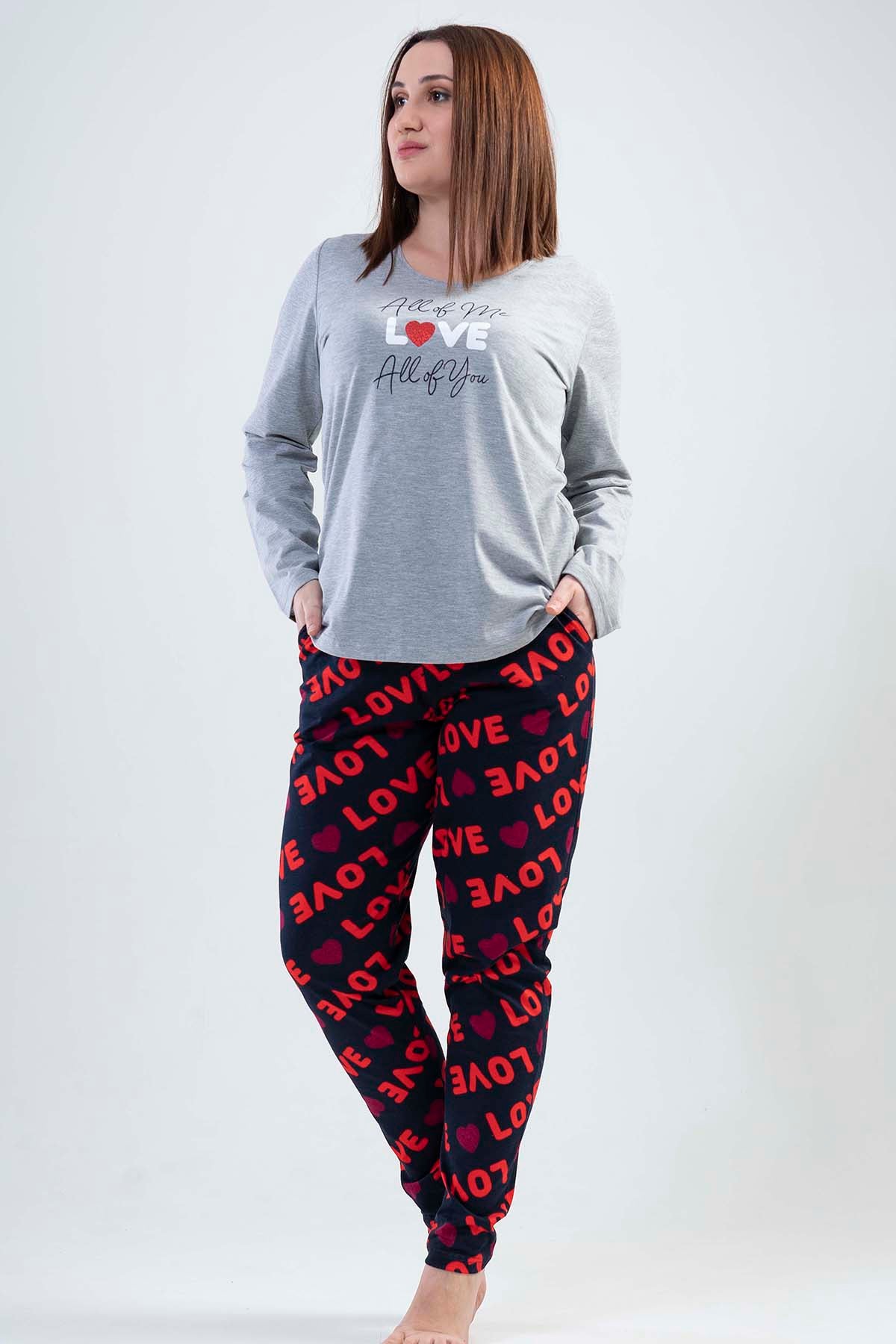 BAYAN P.SUPREM XXL O YAKA UZUN KOL ETEGI OVAL CEPLI PIJAMA TAKIM