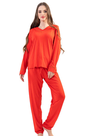 BAYAN LYC WORTEKS V YAKA UZUN KOL ETEGI OVAL PIJAMA TAKIM