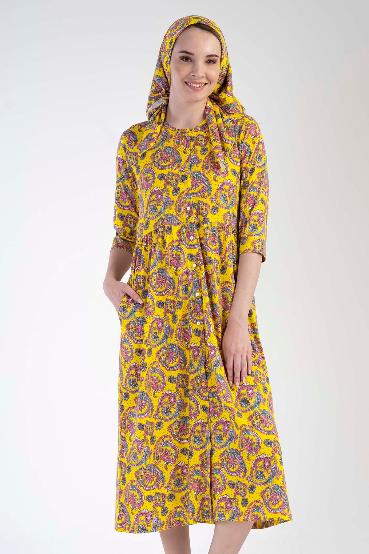 KADIN P.MODAL KISA KOL DUGMELI CEPLI ELBISE