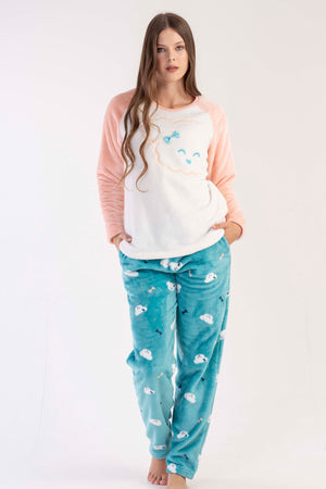 KADIN SOFT O YAKA REGLAN UZUN KOL ETEGI OVAL CEPLI PIJAMA TAKIM 303090