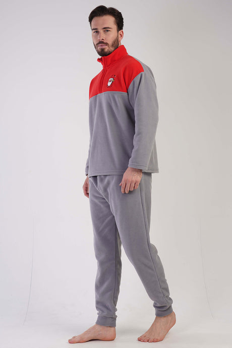 CEPLI ERKEK POLAR YAKALI DUSUK OMUZLU UZUN KOL FERMUARLI MANSETLI CEPLI PIJAMA TAKIM