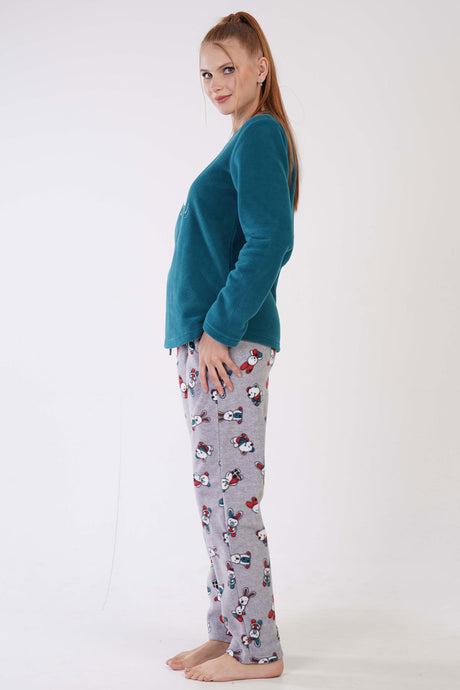 KADIN POLAR O YAKA UZUN KOL ETEGI OVAL CEPLI PIJAMA TAKIM 305003