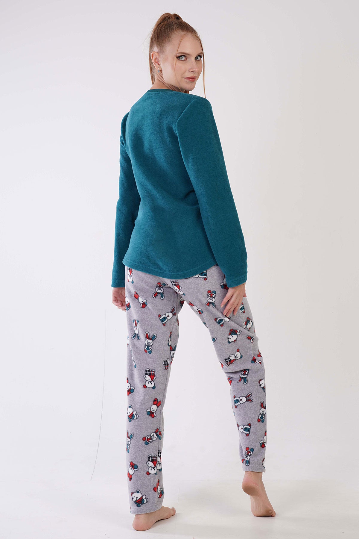 KADIN POLAR O YAKA UZUN KOL ETEGI OVAL CEPLI PIJAMA TAKIM 305003