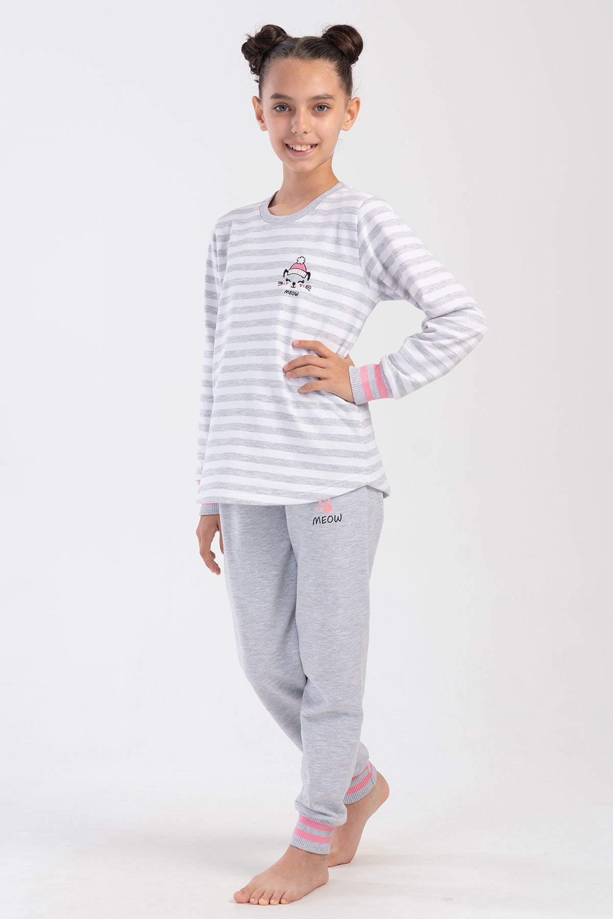 KIZ COCUK 2IPLIK O YAKA UZUN KOL ETEGI OVAL MANSETLI PIJAMA TAKIM(9-10/15-16)