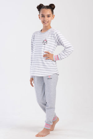 KIZ COCUK 2IPLIK O YAKA UZUN KOL ETEGI OVAL MANSETLI PIJAMA TAKIM(9-10/15-16)