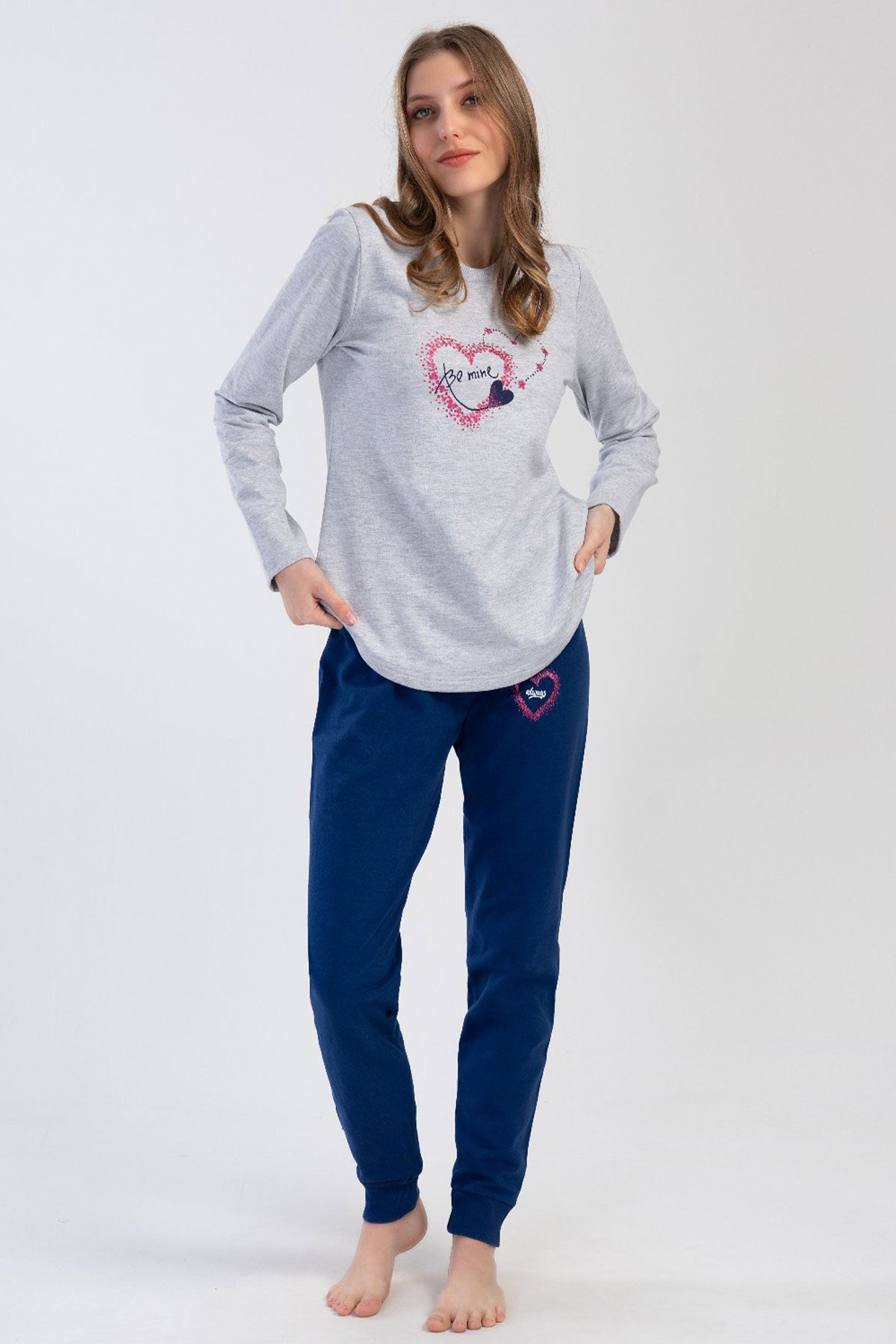 KADIN 2IPLIK O YAKA UZUN KOL ETEGI OVAL MANSETLI PIJAMA TAKIM