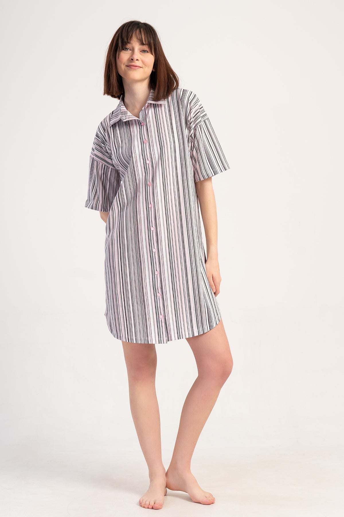 KADIN P.SUPREM DUSUK OMUZLU TAMAMI DUGMELI KISA KOL ETEGI OVAL GOMLEK TUNIK 501038