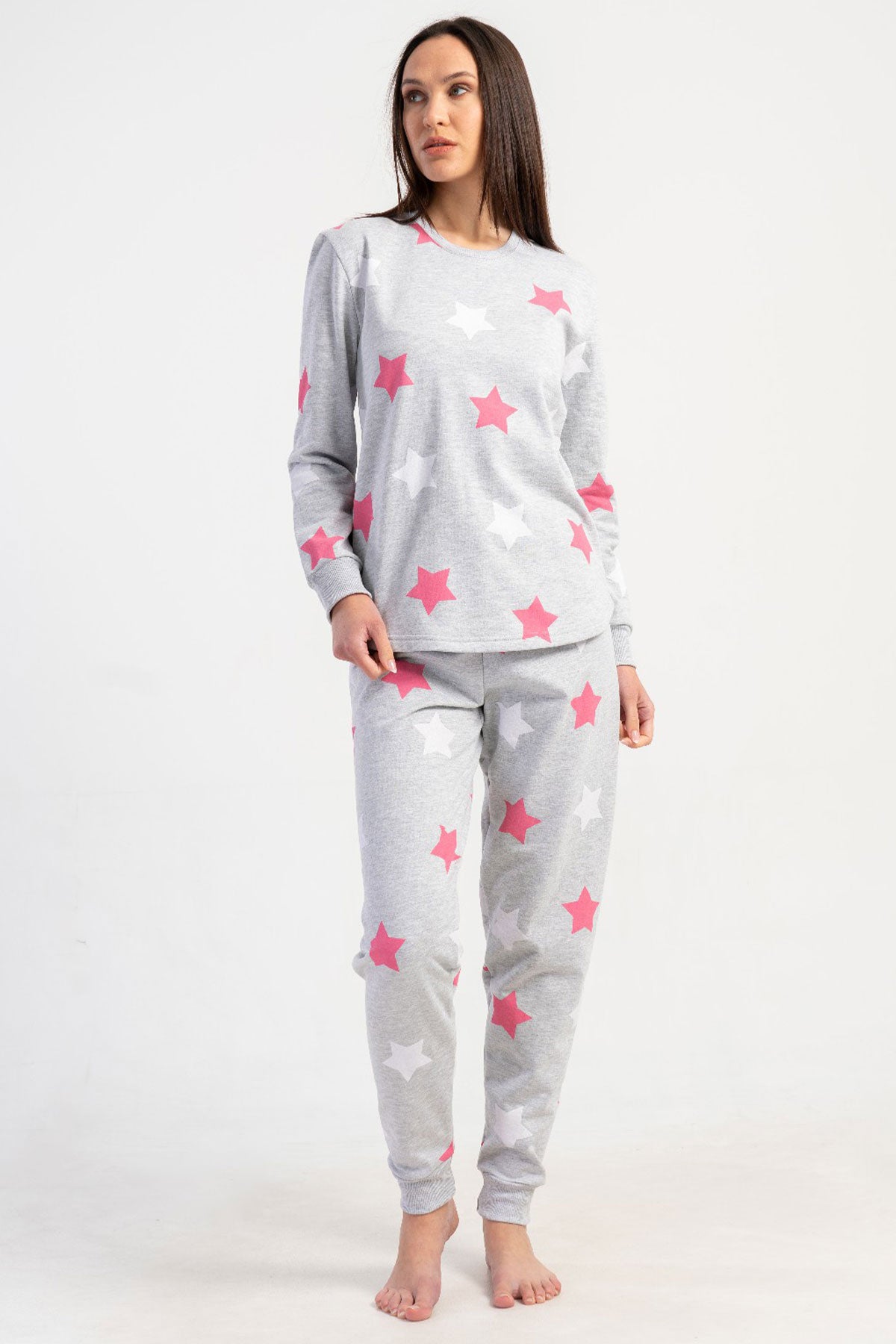 KADIN 2IPLIK O YAKA UZUN KOL ETEGI OVAL MANSETLI PIJAMA TAKIM