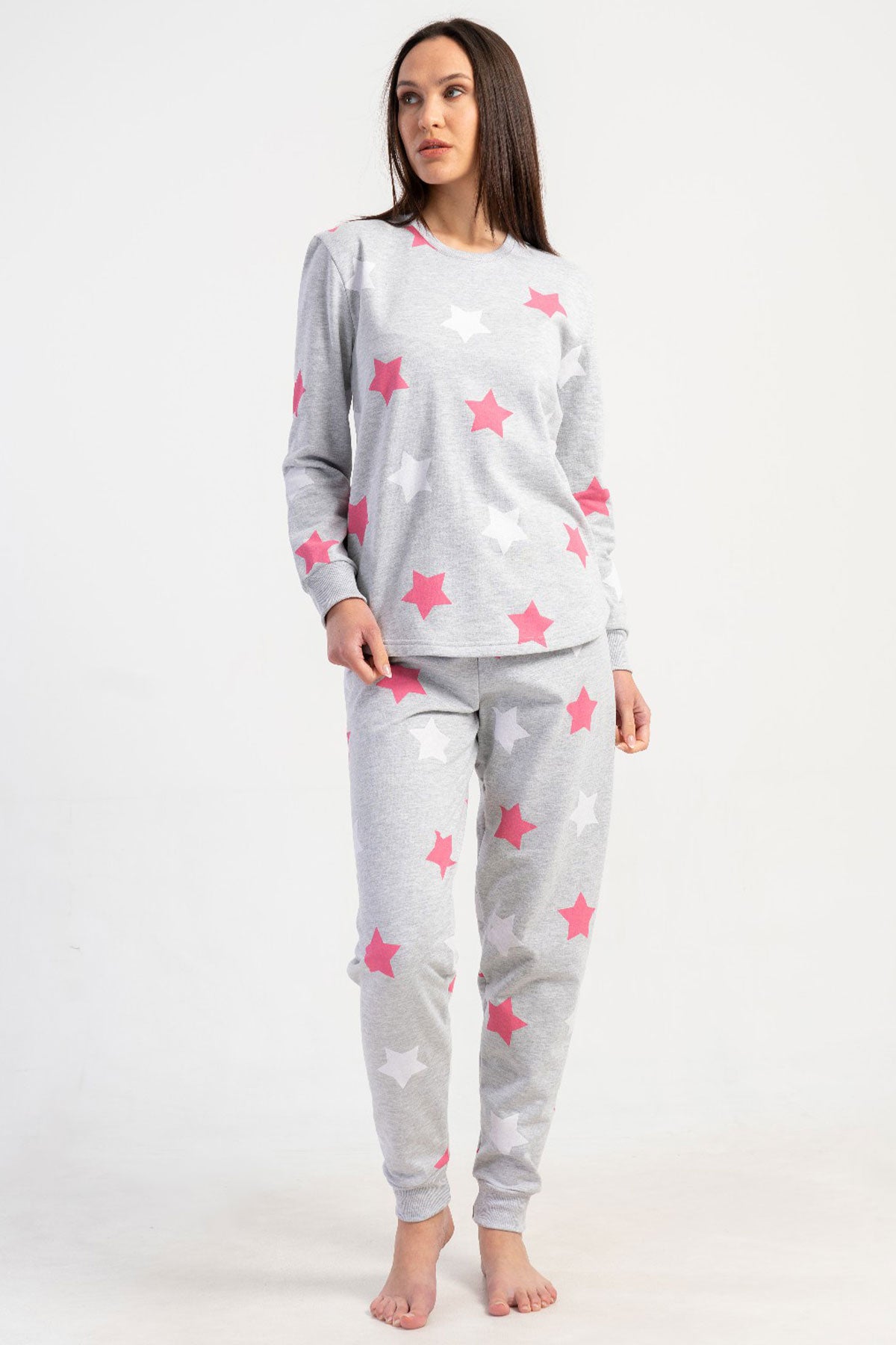 KADIN 2IPLIK XXL O YAKA UZUN KOL ETEGI OVAL MANSETLI PIJAMA TAKIM