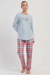 KADIN 2IPLIK O YAKA UZUN KOL ETEGI OVAL PIJAMA TAKIM