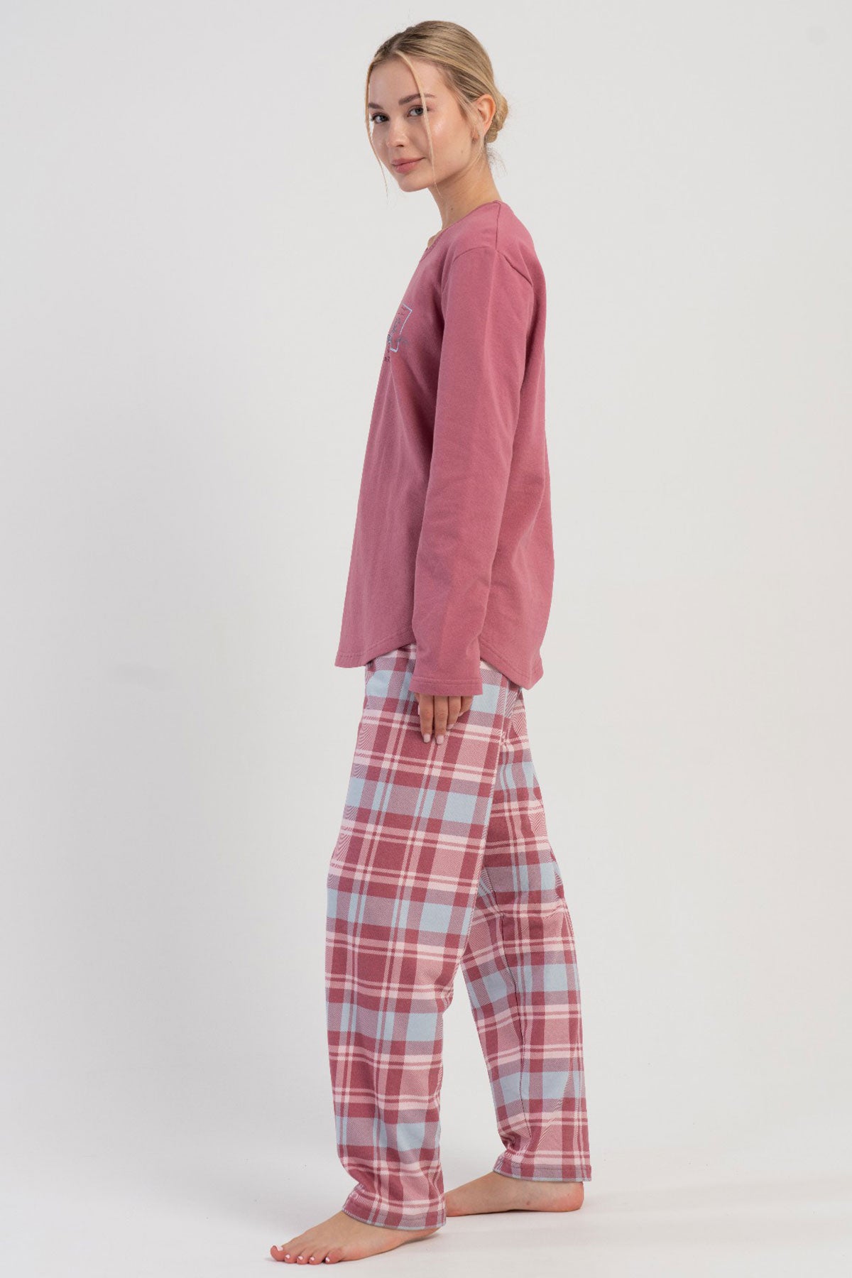 KADIN 2IPLIK O YAKA UZUN KOL ETEGI OVAL PIJAMA TAKIM