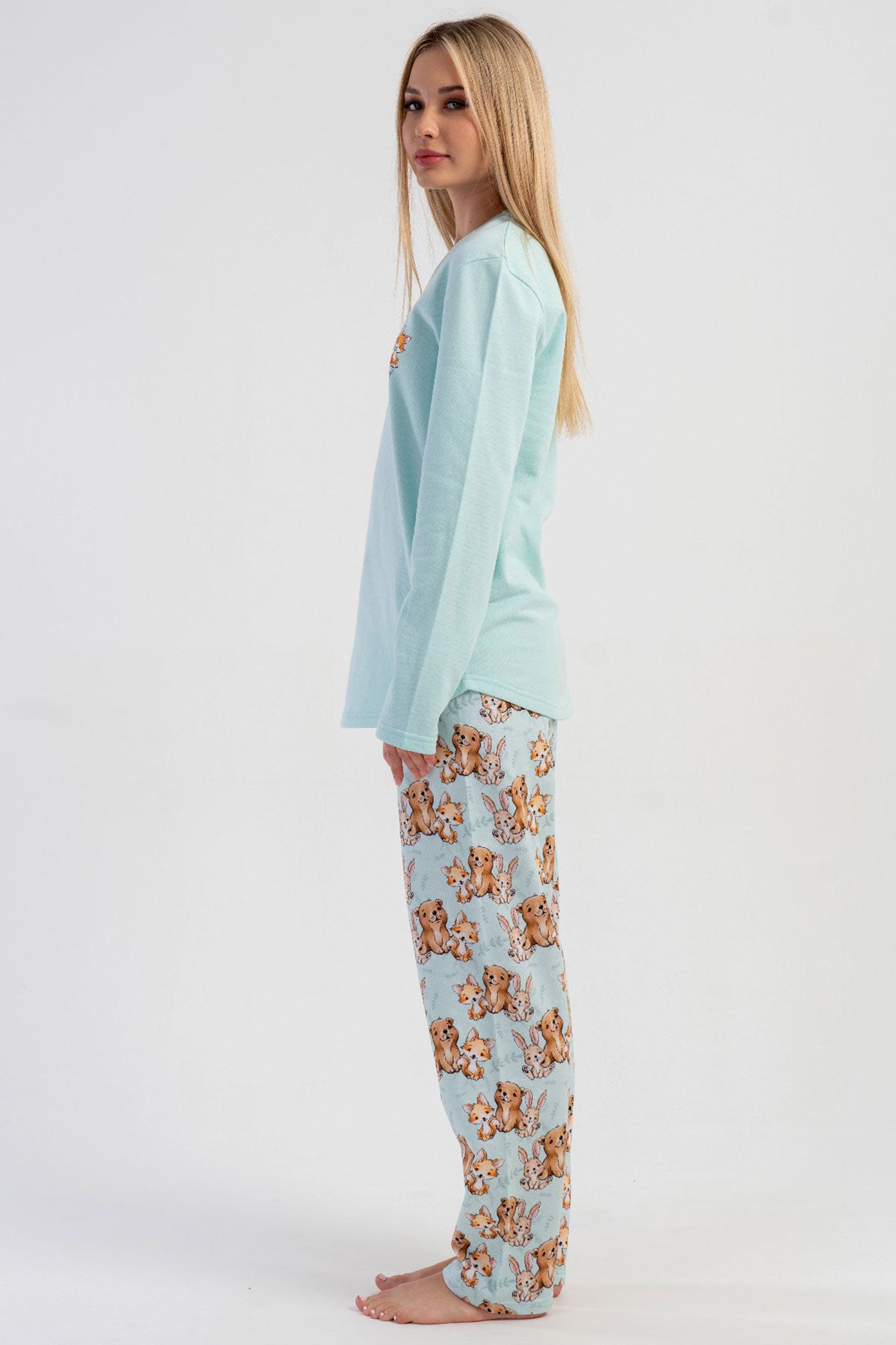 KADIN 2IPLIK O YAKA UZUN KOL ETEGI OVAL PIJAMA TAKIM