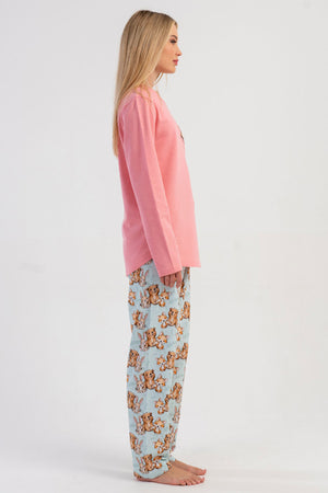 KADIN 2IPLIK O YAKA UZUN KOL ETEGI OVAL PIJAMA TAKIM