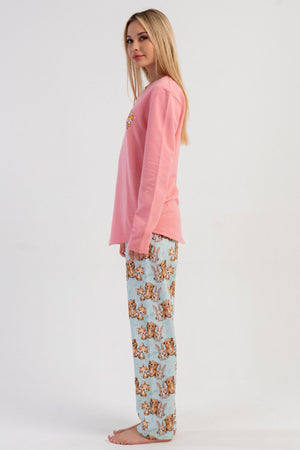 KADIN 2IPLIK O YAKA UZUN KOL ETEGI OVAL PIJAMA TAKIM