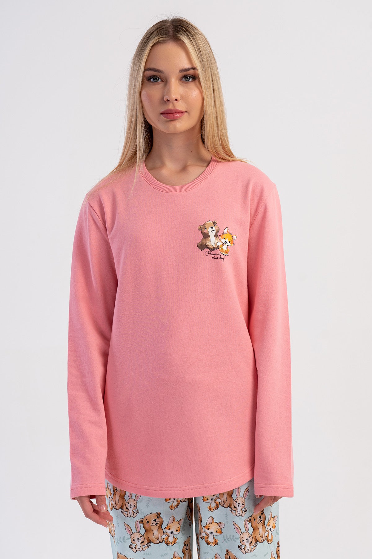 KADIN 2IPLIK O YAKA UZUN KOL ETEGI OVAL PIJAMA TAKIM 503190