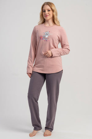 KADIN 2IPLIK O YAKA UZUN KOL ETEGI OVAL CEPLI PIJAMA TAKIM 504002