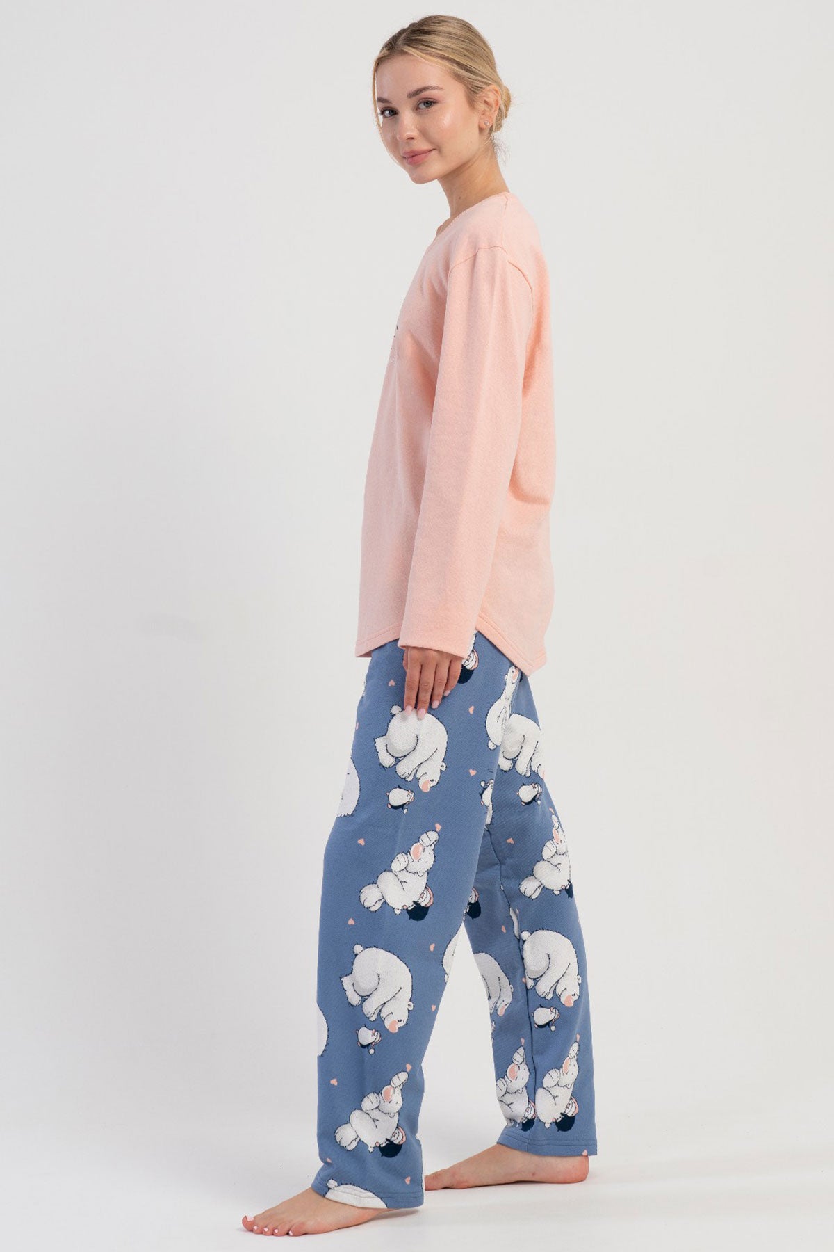 KADIN 2IPLIK O YAKA UZUN KOL ETEGI OVAL PIJAMA TAKIM 504047