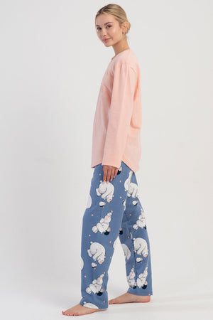 KADIN 2IPLIK O YAKA UZUN KOL ETEGI OVAL PIJAMA TAKIM 504047