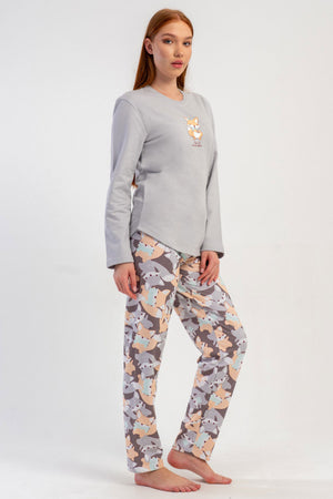 KADIN 2IPLIK O YAKA UZUN KOL ETEGI OVAL PIJAMA TAKIM