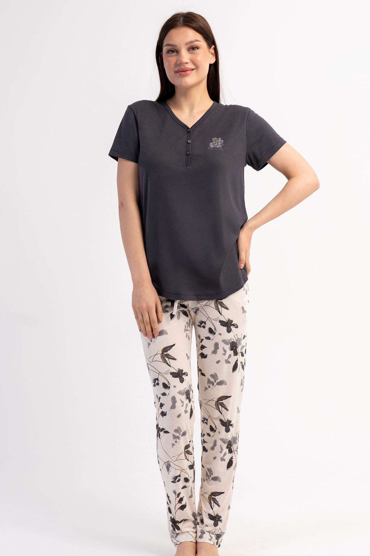 KADIN P.VISCON PATLI DAMLA YAKA KISA KOL ETEGI OVAL PIJAMA TAKIM