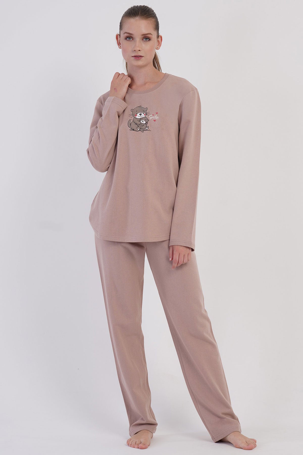 KADIN 2IPLIK O YAKA UZUN KOL ETEGI OVAL PIJAMA TAKIM