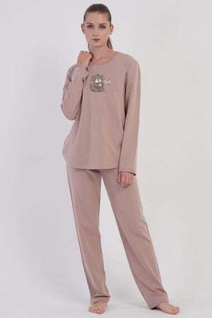 KADIN 2IPLIK O YAKA UZUN KOL ETEGI OVAL PIJAMA TAKIM