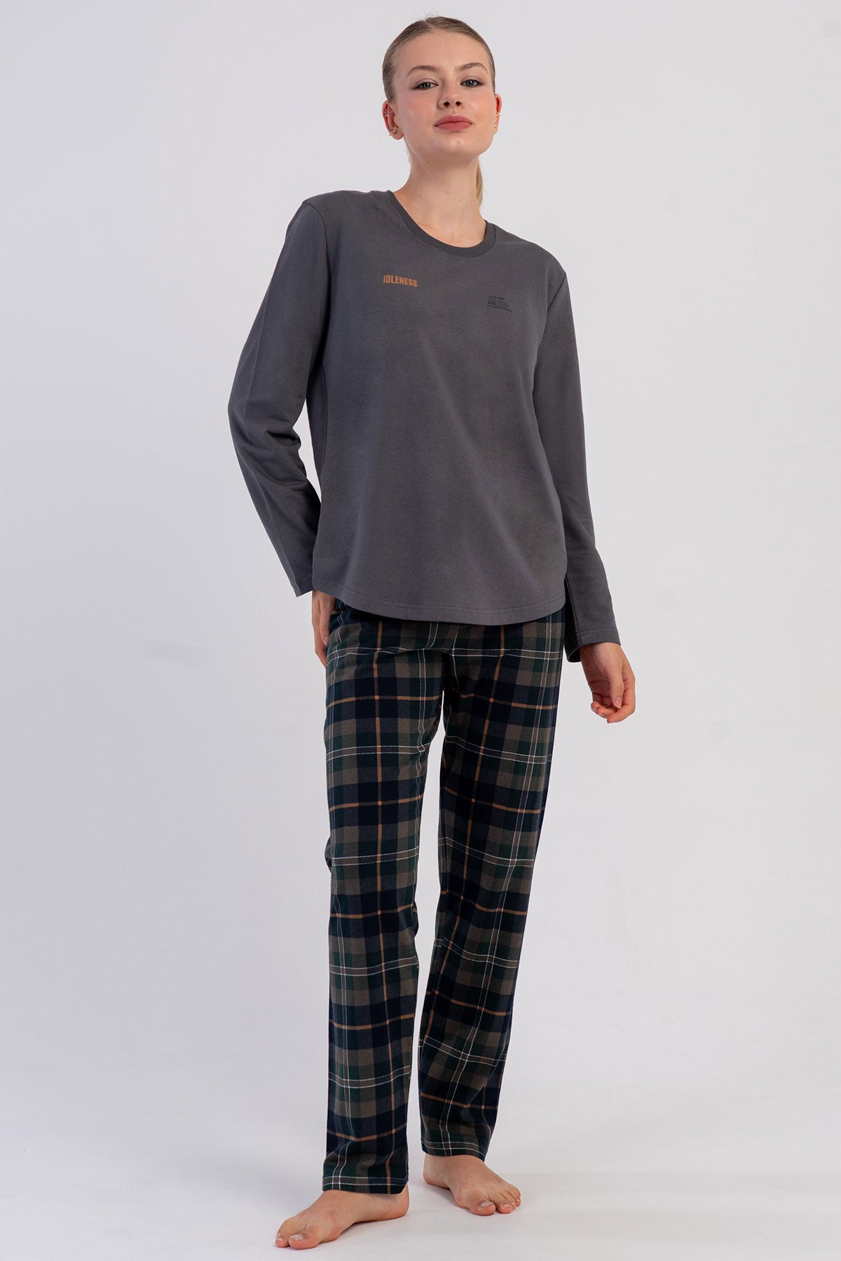 KADIN 2IPLIK O YAKA UZUN KOL ETEGI OVAL PIJAMA TAKIM 605183