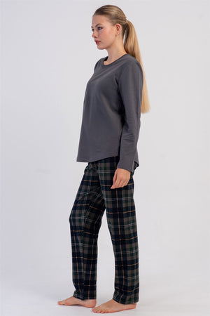 KADIN 2IPLIK O YAKA UZUN KOL ETEGI OVAL PIJAMA TAKIM 605183
