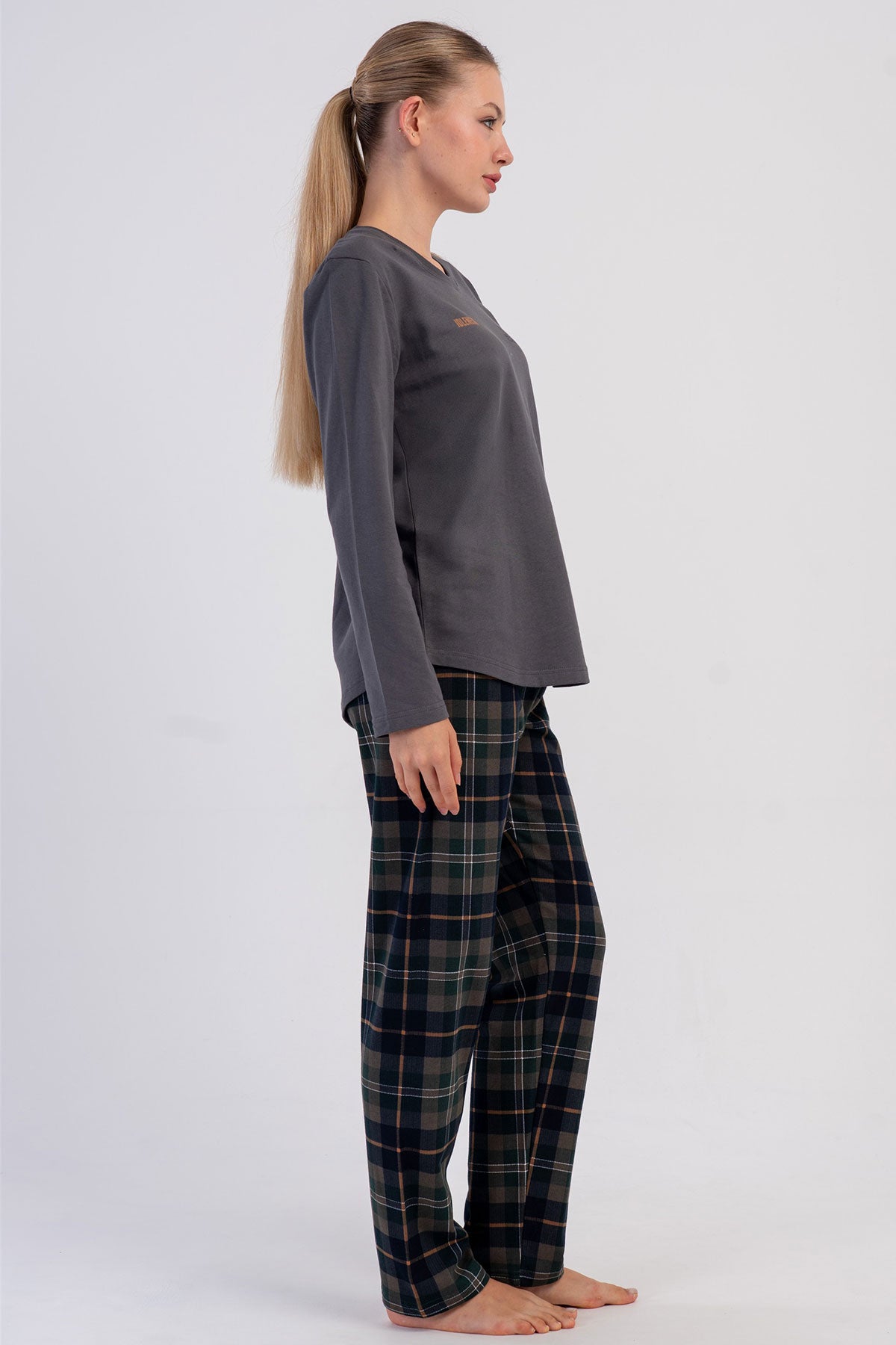KADIN 2IPLIK O YAKA UZUN KOL ETEGI OVAL PIJAMA TAKIM 605183