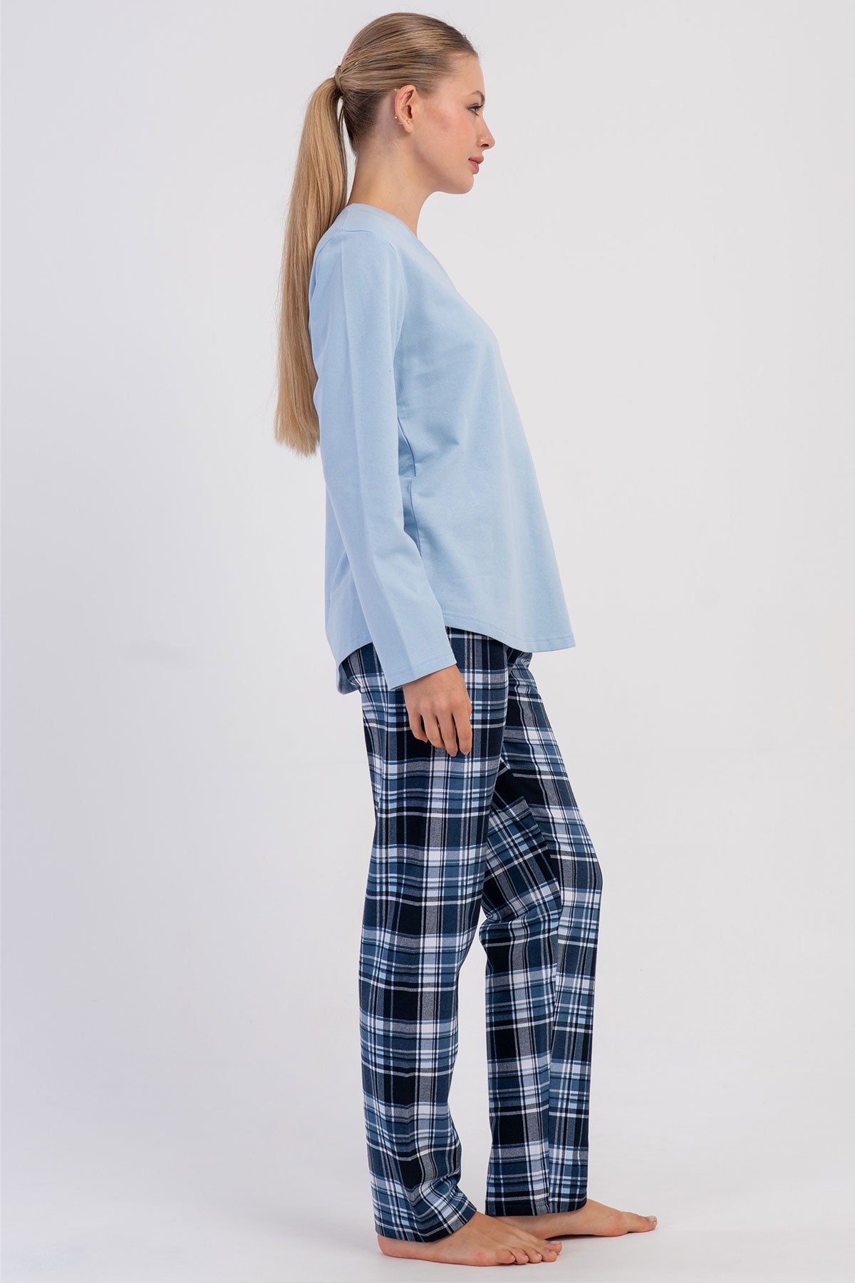 KADIN 2IPLIK O YAKA UZUN KOL ETEGI OVAL PIJAMA TAKIM 605223