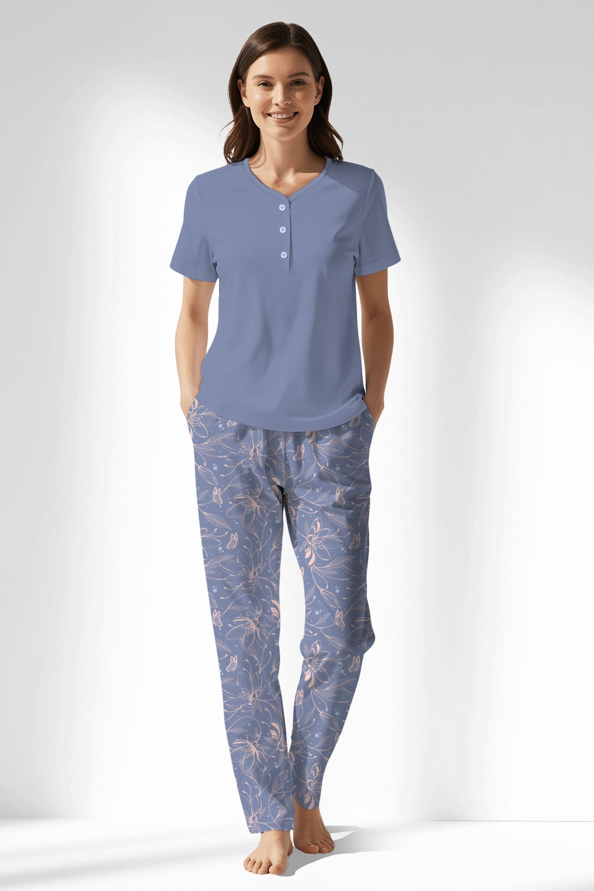 Woman Polyviscon Aurella Drop Collar Pyjama Set - B-PEMBE - Image 1