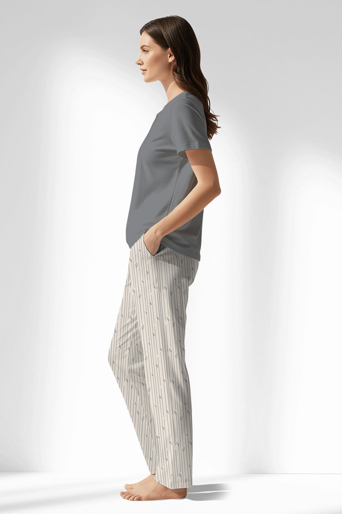 Woman Polyviscon Lina Drop Collar Pyjama Set - B-FUME - Image 2