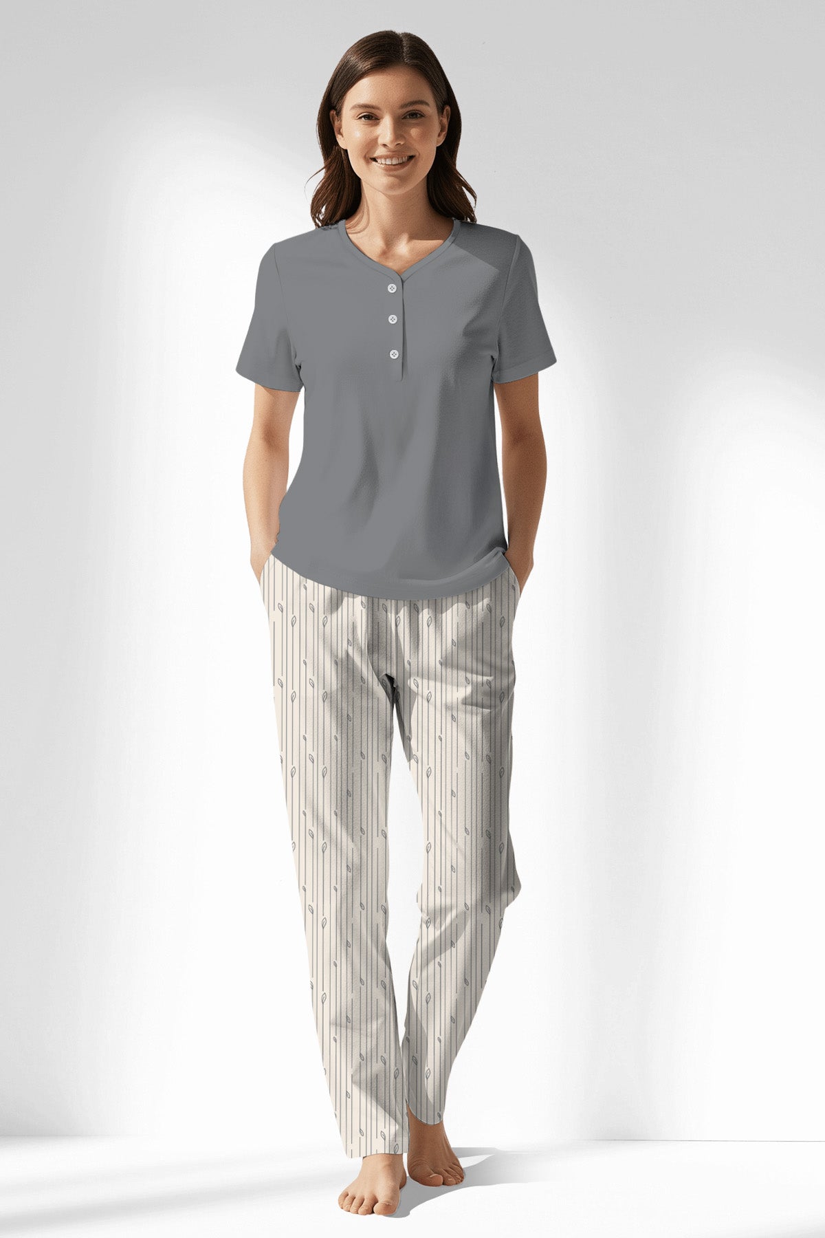 Woman Polyviscon Lina Drop Collar Pyjama Set - B-FUME - Image 1