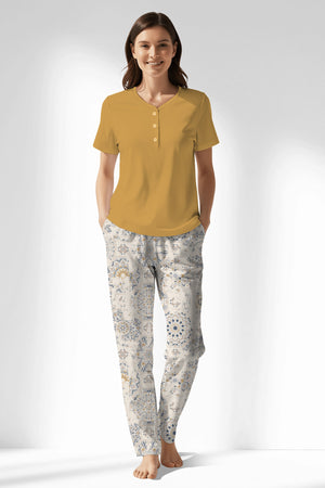 Woman Polyviscon Fresco Drop Collar Pyjama Set - HONEY GOLD - Image 1