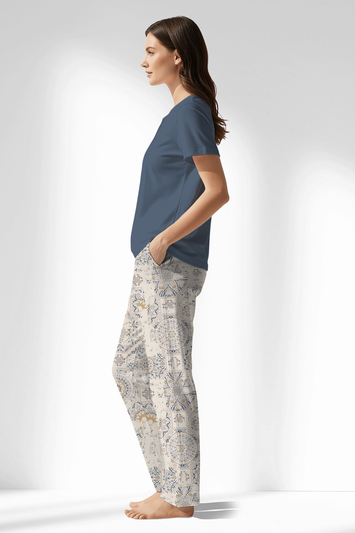 Woman Polyviscon Fresco Drop Collar Pyjama Set - B-CHINA BLUE - Image 2