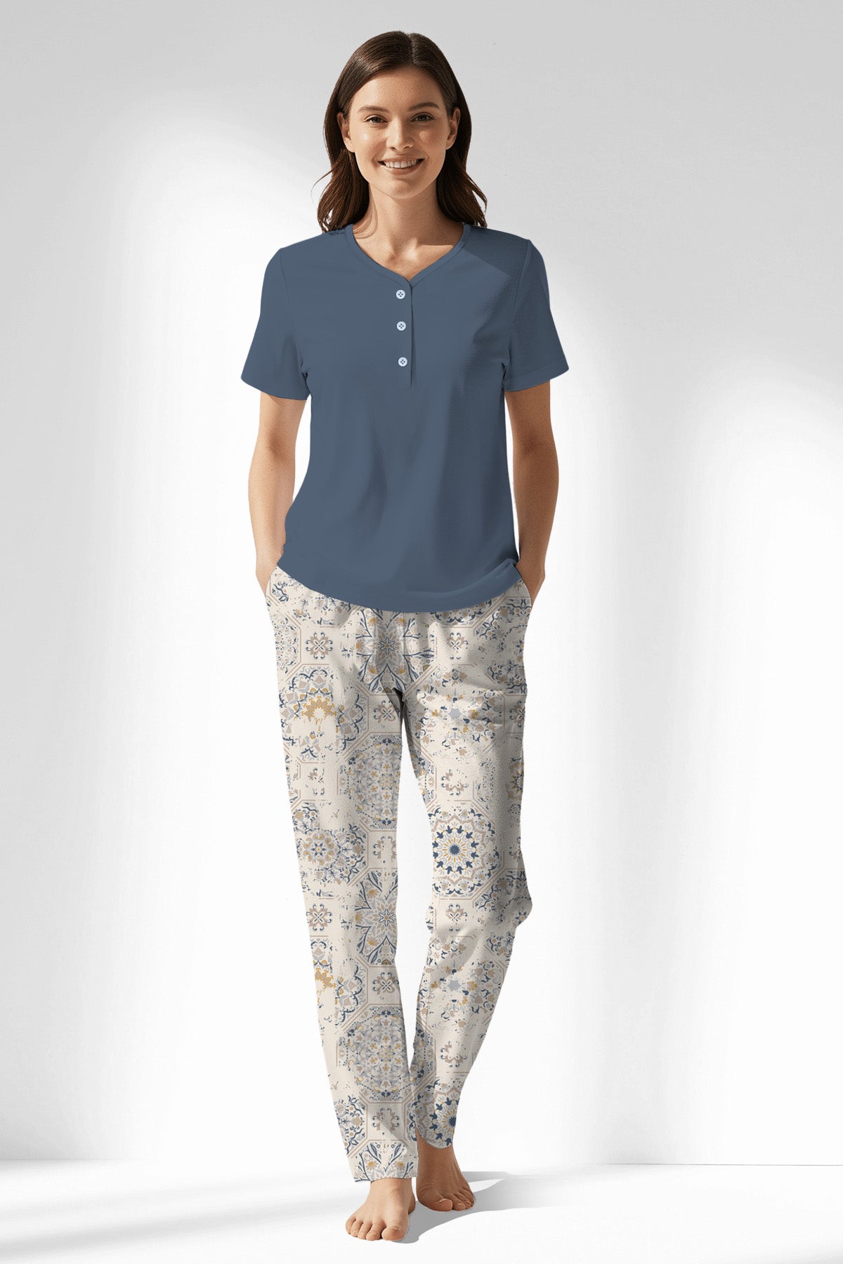 Woman Polyviscon Fresco Drop Collar Pyjama Set - B-CHINA BLUE - Image 1