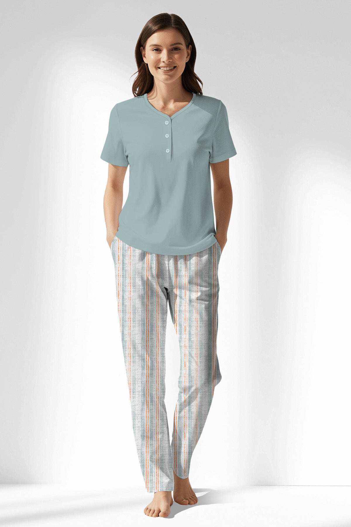Woman Polyviscon Liner Drop Collar Pyjama Set - BLUE HAZE - Image 1