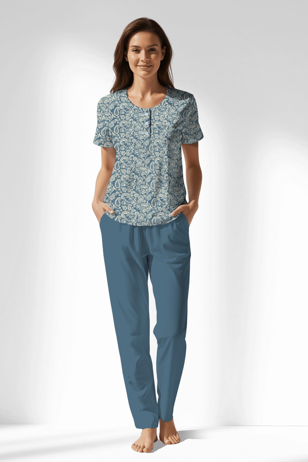Woman Polyviscon Noble Buttoned Collar Pyjama Set - ROTASYON - Image 1
