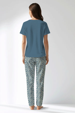 Woman Polyviscon Noble Drop Collar Pyjama Set - SMOKE BLUE - Image 3