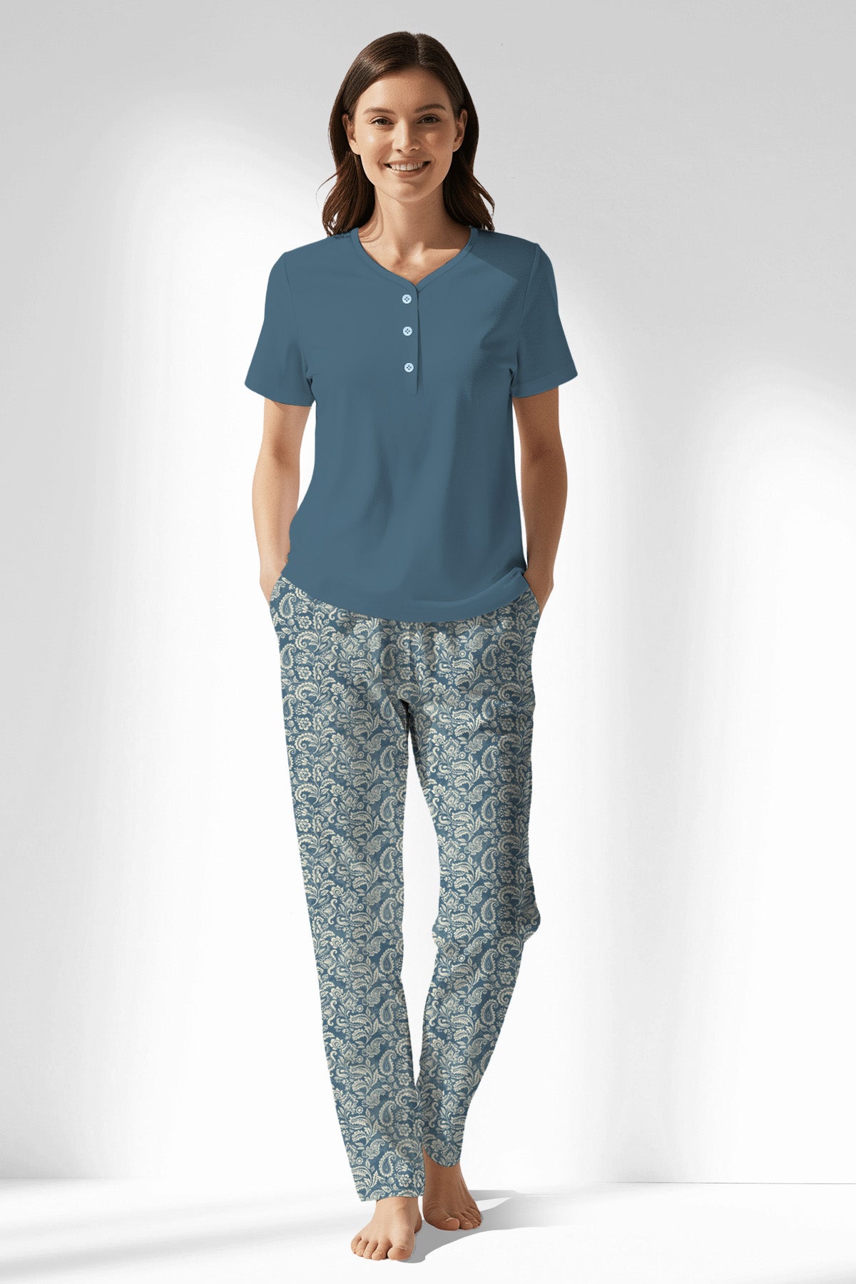 Woman Polyviscon Noble Drop Collar Pyjama Set - SMOKE BLUE - Image 1