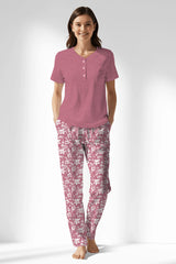 Woman Polyviscon Affection Drop Collar Pyjama Set - WILD ROSE - Image 1
