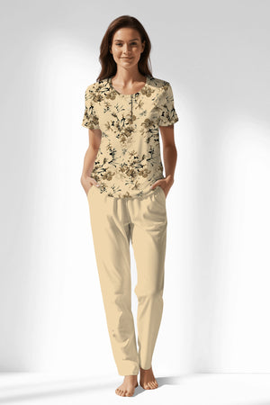 Woman Polyviscon Fleuron Buttoned Collar Pyjama Set - ROTASYON - Image 1
