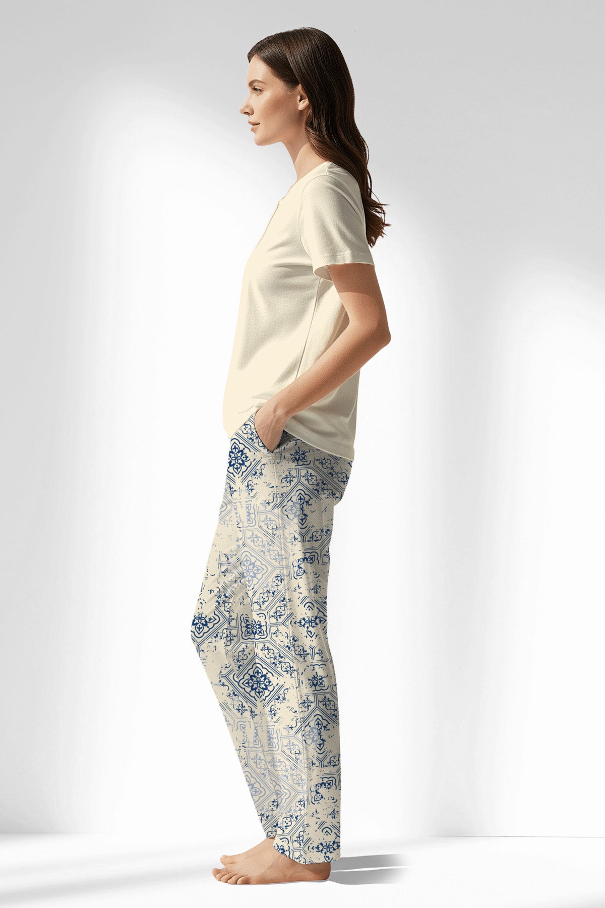 Woman Polyviscon Bluetile Drop Collar Pyjama Set - 11-0107 - Image 2