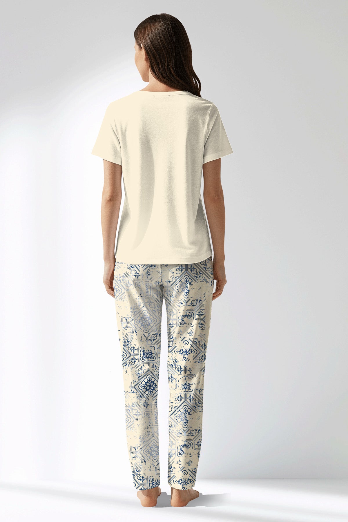 Woman Polyviscon Bluetile Drop Collar Pyjama Set - 11-0107 - Image 3