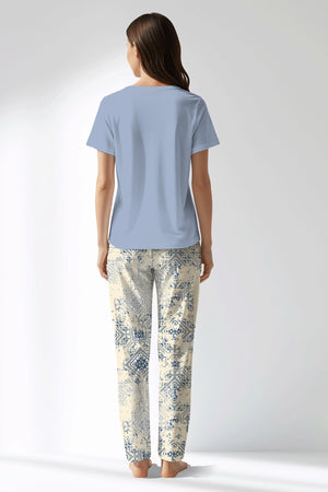 Woman Polyviscon Bluetile Drop Collar Pyjama Set - B-15-3915 - Image 3