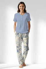 Woman Polyviscon Bluetile Drop Collar Pyjama Set - B-15-3915 - Image 1